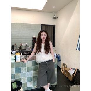 草莓跳 复古水洗直筒牛仔中裤女夏季高腰显瘦百搭纯棉八分裤子