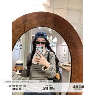 草莓跳 绵羊毛条纹花边针织衫女秋冬慵懒宽松打底衫显瘦百搭上衣