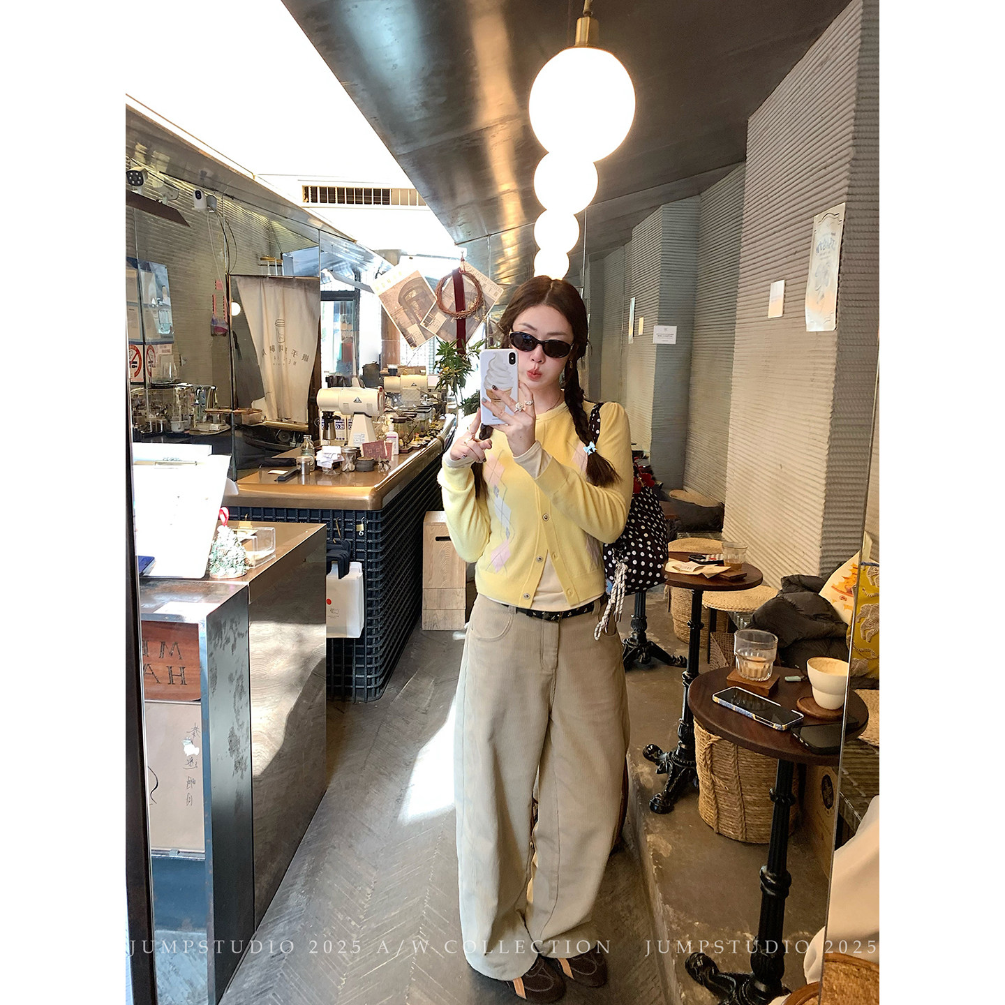 草莓跳 卡其色灯芯绒加绒休闲裤女冬季阔腿弯刀裤纯棉百搭裤子