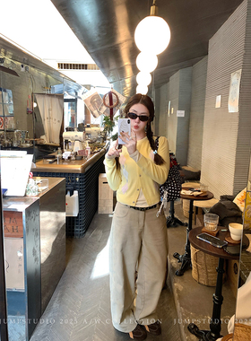 草莓跳 卡其色灯芯绒加绒休闲裤女冬季阔腿弯刀裤纯棉百搭裤子