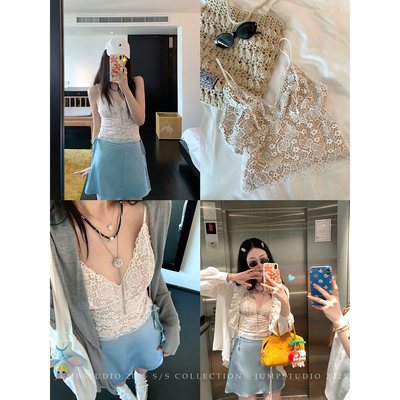 草莓跳法式性感重工双层内衬吊带背心女夏季显瘦百搭美背蕾丝上衣