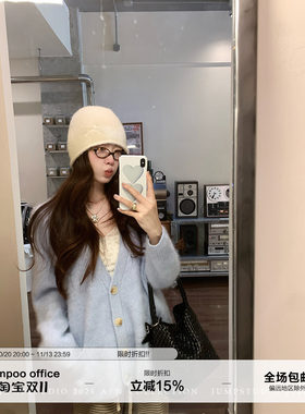 草莓跳 绵羊毛拉毛v领针织大开衫女秋季温柔减龄百搭毛衣外套