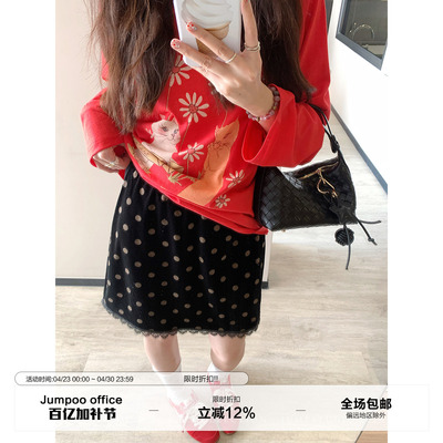 草莓跳 蕾丝边波点丝绒半身裙女春季高腰显瘦a字裙百搭短款裙子