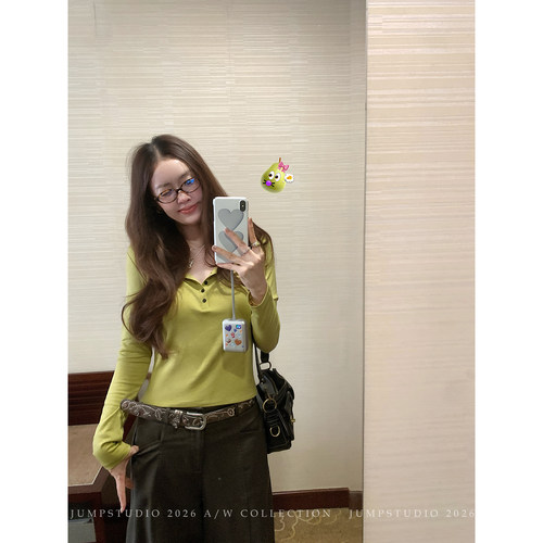 草莓跳 莱赛尔亨利领长袖T恤女秋季修身显瘦打底衫百搭轻薄上衣