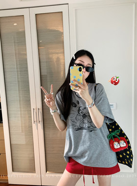 草莓跳 米奇卡通印花短袖圆领T恤女夏季复古慵懒宽松百搭显瘦上衣