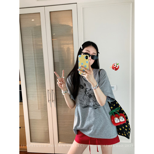 草莓跳 米奇卡通印花短袖圆领T恤女夏季复古慵懒宽松百搭显瘦上衣