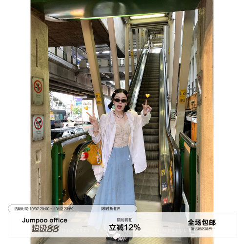 草莓跳 度假风亚麻防晒连帽长袖衬衫女夏季慵懒宽松透气百搭上衣
