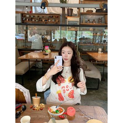 草莓跳 蘑菇印花圆领长袖T恤女春夏慵懒风青春减龄宽松显瘦上衣