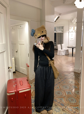 草莓跳 复古格纹系带加绒休闲裤女冬季松紧腰阔腿拖地百搭裤子