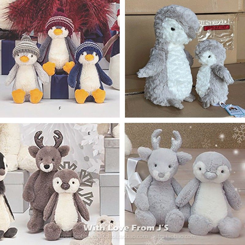 英国jellycat圣诞限定企鹅毛绒玩偶 闪耀麋鹿 冬日帽子公仔