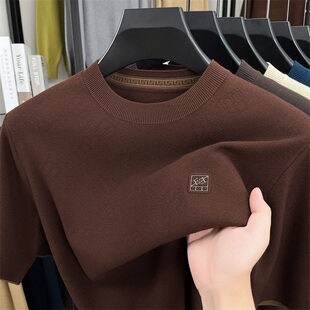 高端男士圆领针织衫毛衣休闲百搭潮流打底衫短袖t恤提花上衣秋冬