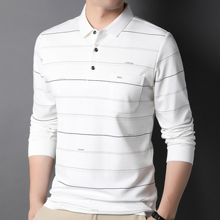 男士长袖t恤中年爸爸春装上衣有口袋带领棉T白色条纹体恤POLO衫