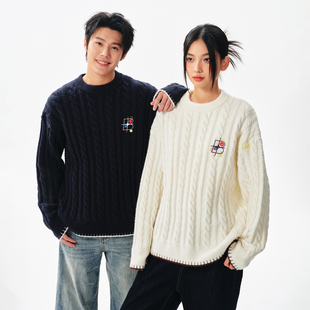 BIPOLAR绞花三色纽扣套头毛衣休闲圆领宽松针织衫 男 内搭基础长袖