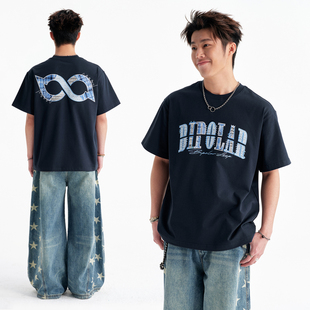 BIPOLAR蓝白灰三拼贴布短袖T恤美式宽松休闲圆领上衣薄半袖男女夏