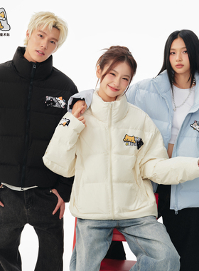 BIPOLAR星星小猫魔术贴羽绒服美式立领宽松上衣男女保暖外套情侣