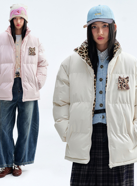 BIPOLAR豹纹贴布立领棉服保暖美式休闲宽松冬外套厚情侣款上衣