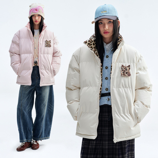 BIPOLAR豹纹贴布立领棉服保暖美式 上衣 休闲宽松冬外套厚情侣款