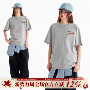 BIPOLAR艺术花草刺绣短袖 男上衣女夏 简约基础宽松T恤百搭圆领美式