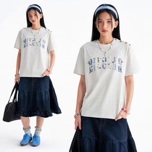 BIPOLAR纽扣蓝拼格纹正肩短袖T恤美式休闲宽松薄款上衣夏季新款女