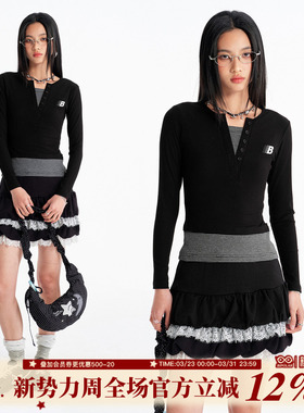 BIPOLAR假两件亨利领条纹渐变logo设计感休闲修身上衣T恤女短款春