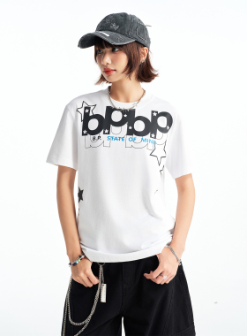 BIPOLAR正肩BP星星印花短袖T恤美式字母显瘦上衣百搭半袖薄款男女