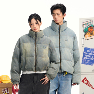 外套新款 情侣款 上衣 复古男女冬季 BIPOLAR洗水牛仔羽绒服做旧美式