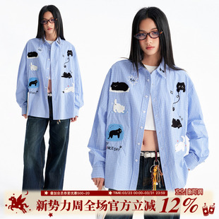 开衫 设计感上衣外套宽松春秋新款 衬衫 BIPOLAR毛巾绣猫咪格子长袖