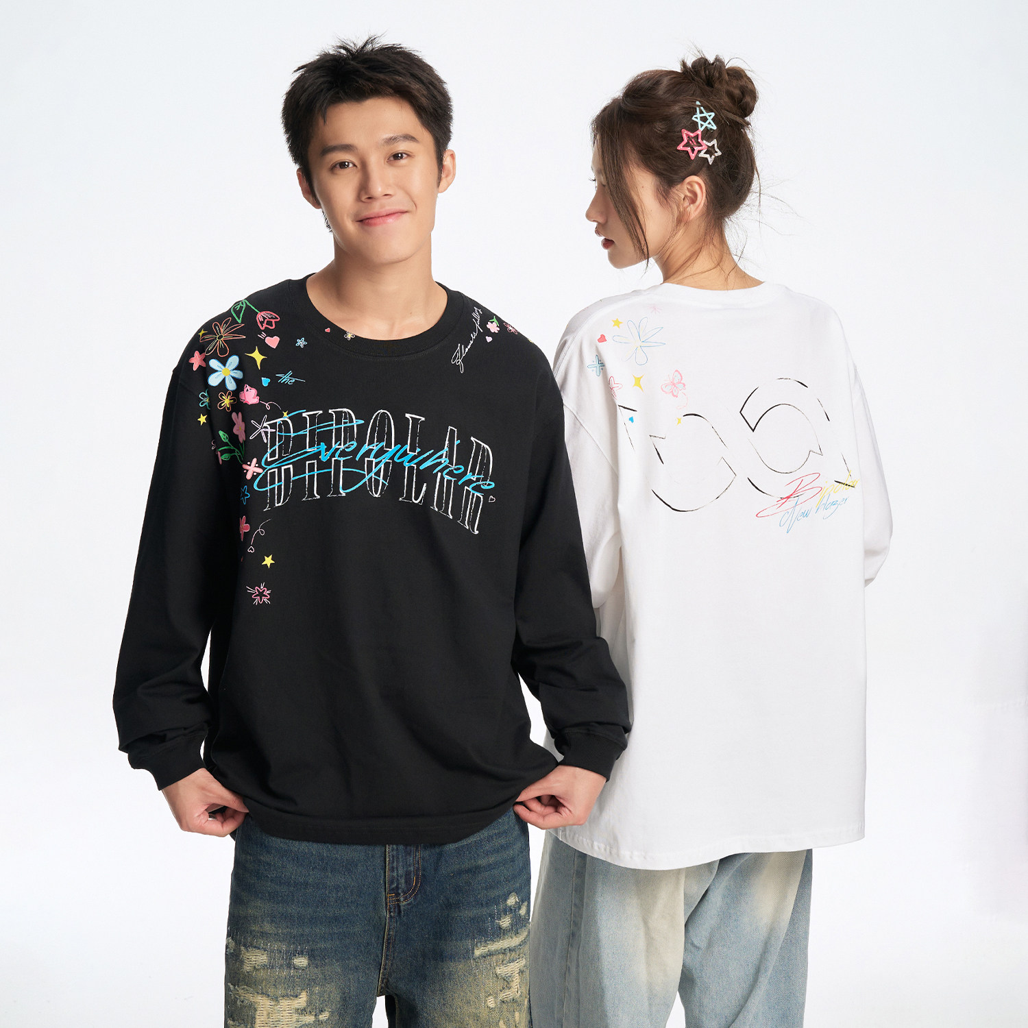 BIPOLAR过肩蜡笔花卉T恤