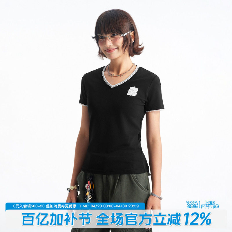 BIPOLARV领蕾丝花边短袖T恤修身休闲百搭上衣夏季新款潮流服饰女