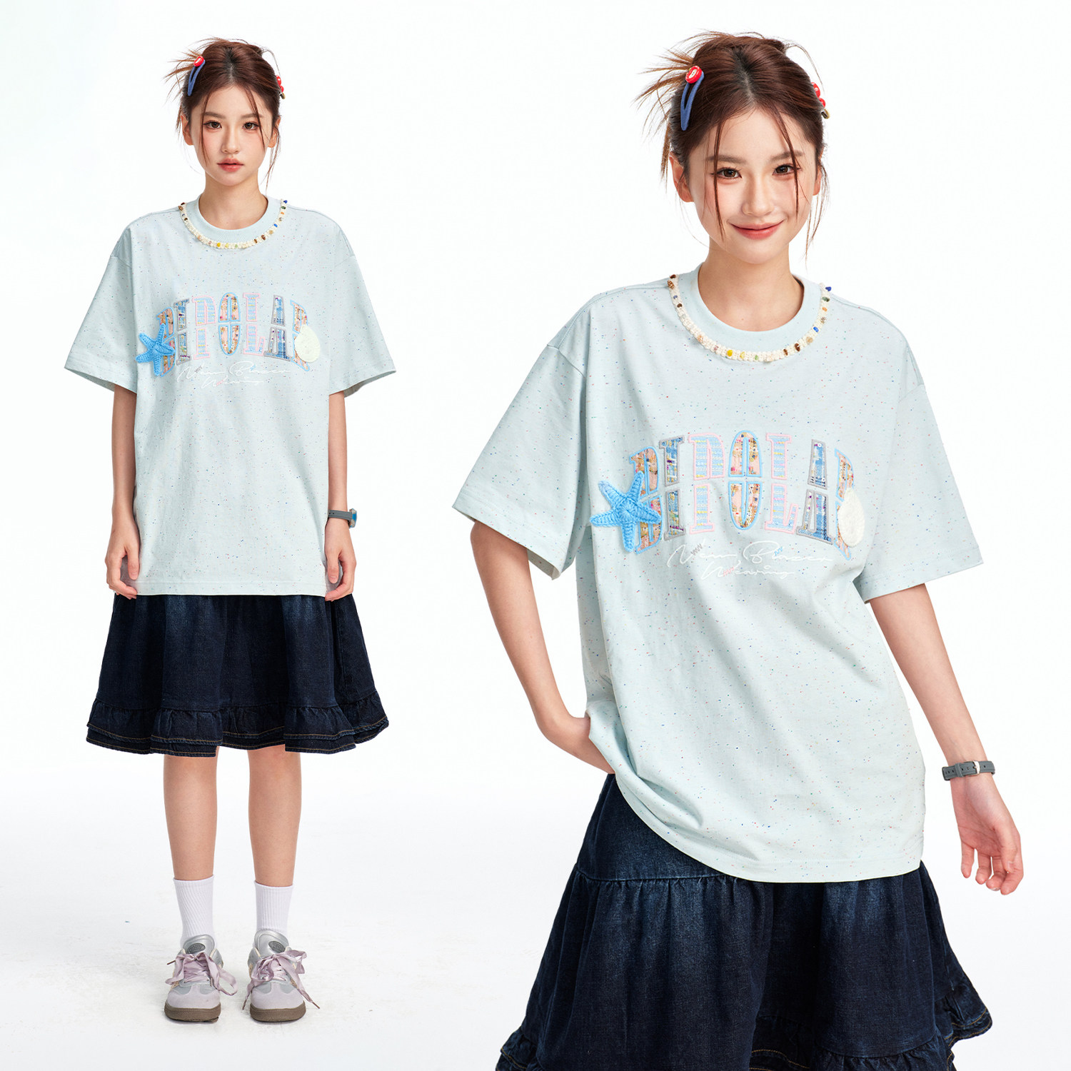 BIPOLAR彩点织带短袖T恤韩系浅色宽松上衣夏季新款圆领半袖男女款