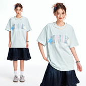 T恤韩系浅色宽松上衣夏季 新款 圆领半袖 BIPOLAR彩点织带短袖 男女款