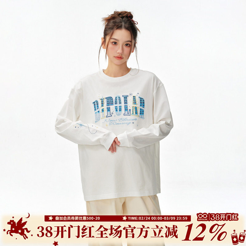 BIPOLAR星星渐变贴布长袖潮牌美式休闲宽松圆领上衣T恤秋打底衫男