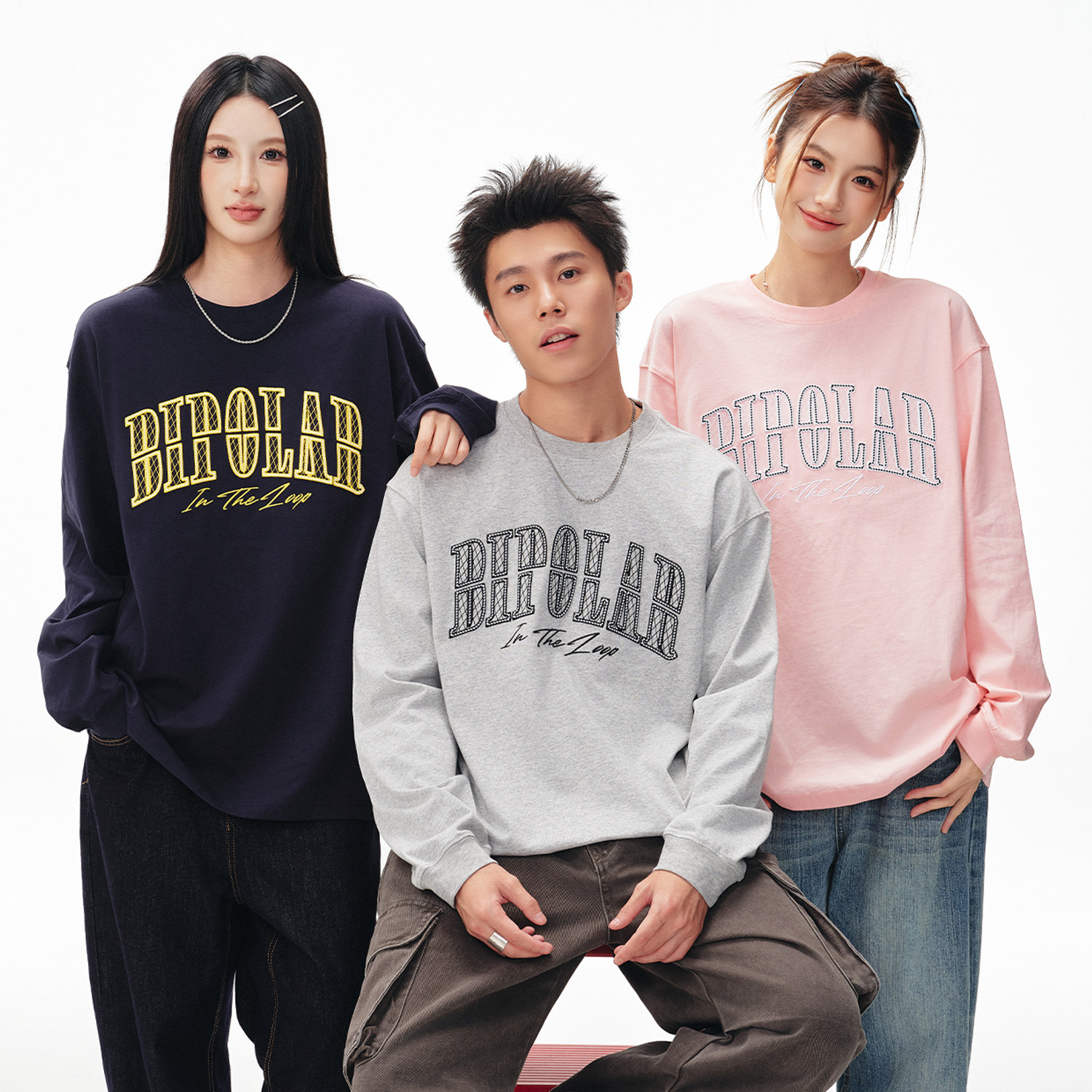 BIPOLAR立体绣断开字长袖T恤