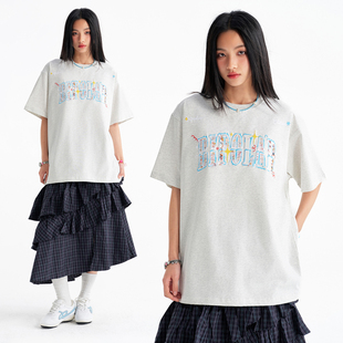 BIPOLAR彩点涂鸦流苏贴布短袖T恤美式休闲宽松百搭上衣情侣款夏季