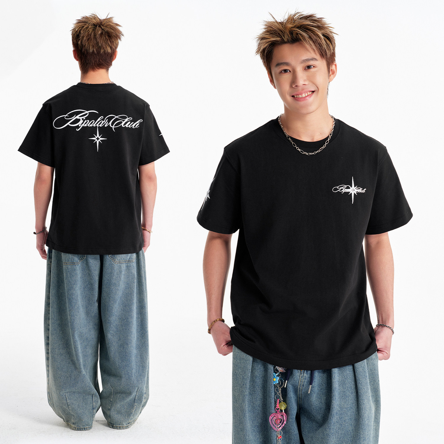 BIPOLAR立体六芒星绣花短袖T恤美式基础字母休闲宽松上衣男夏季女