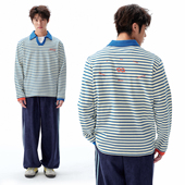 休闲宽松百搭上衣T恤情侣款 BIPOLAR条纹袖 口撞色拼接polo领长袖 春