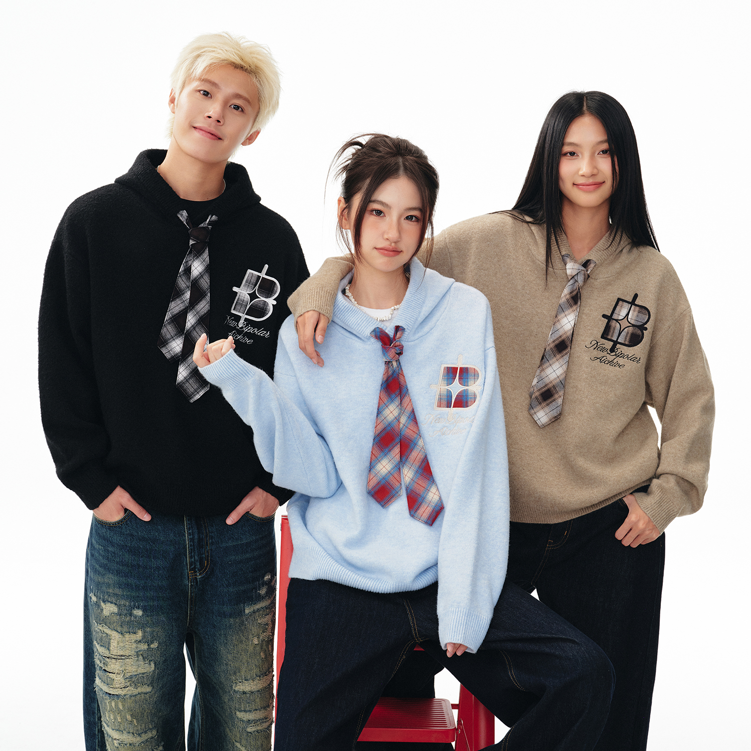 BIPOLAR领带连帽毛衣学院风