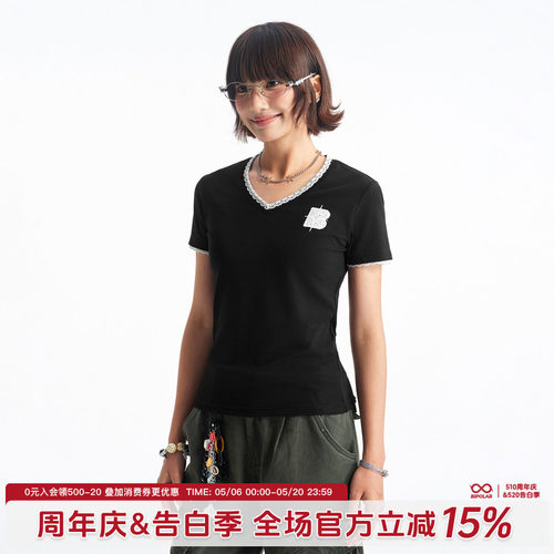 BIPOLARV领蕾丝修身短袖T恤女