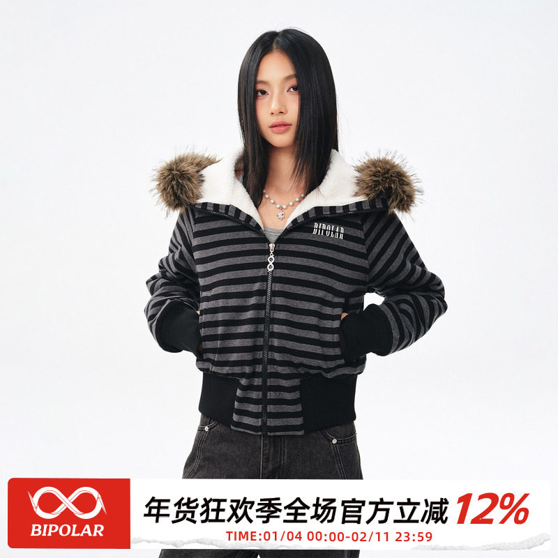 BIPOLAR条纹毛领拉链连帽短款收腰棉服美式街头冬季显瘦保暖外套