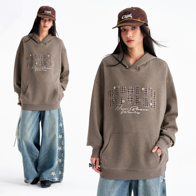 BIPOLAR格纹纽扣复古连帽卫衣