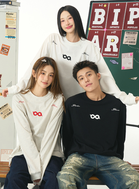 BIPOLAR断开字绣花长袖T恤美式休闲潮牌打底圆领上衣基础简约男