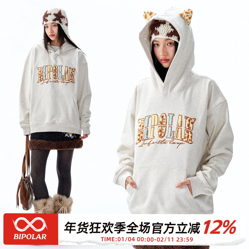 BIPOLAR猫耳毛绒贴布连帽卫衣美式休闲圆领百搭上衣设计感帽衫潮,男装,卫衣,淘宝优惠券,粉丝福利购,淘宝优惠卷
