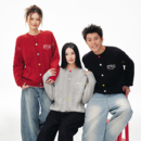 BIPOLAR绞花多色纽扣开衫 宽松外套 毛衣撞色圆领本命年红色情侣装