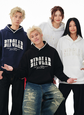 BIPOLAR小香风贴布刺绣连帽卫衣男国潮美式长袖复古宽松休闲上衣