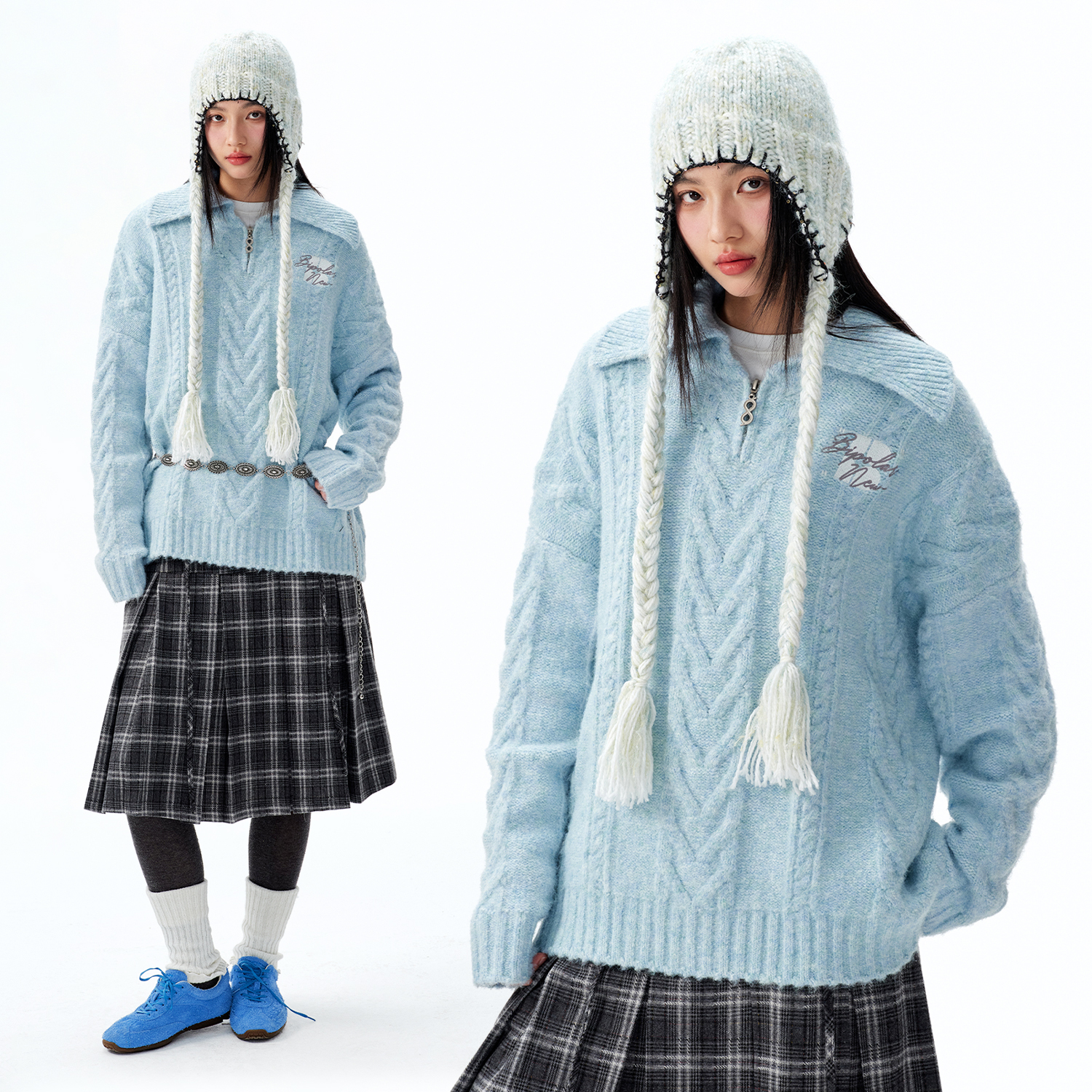 BIPOLAR翻领半开拉链绞花毛衣