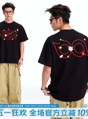 BIPOLAR苹果猫刺绣短袖T恤美式休闲宽松圆领上衣夏季情侣新款半袖