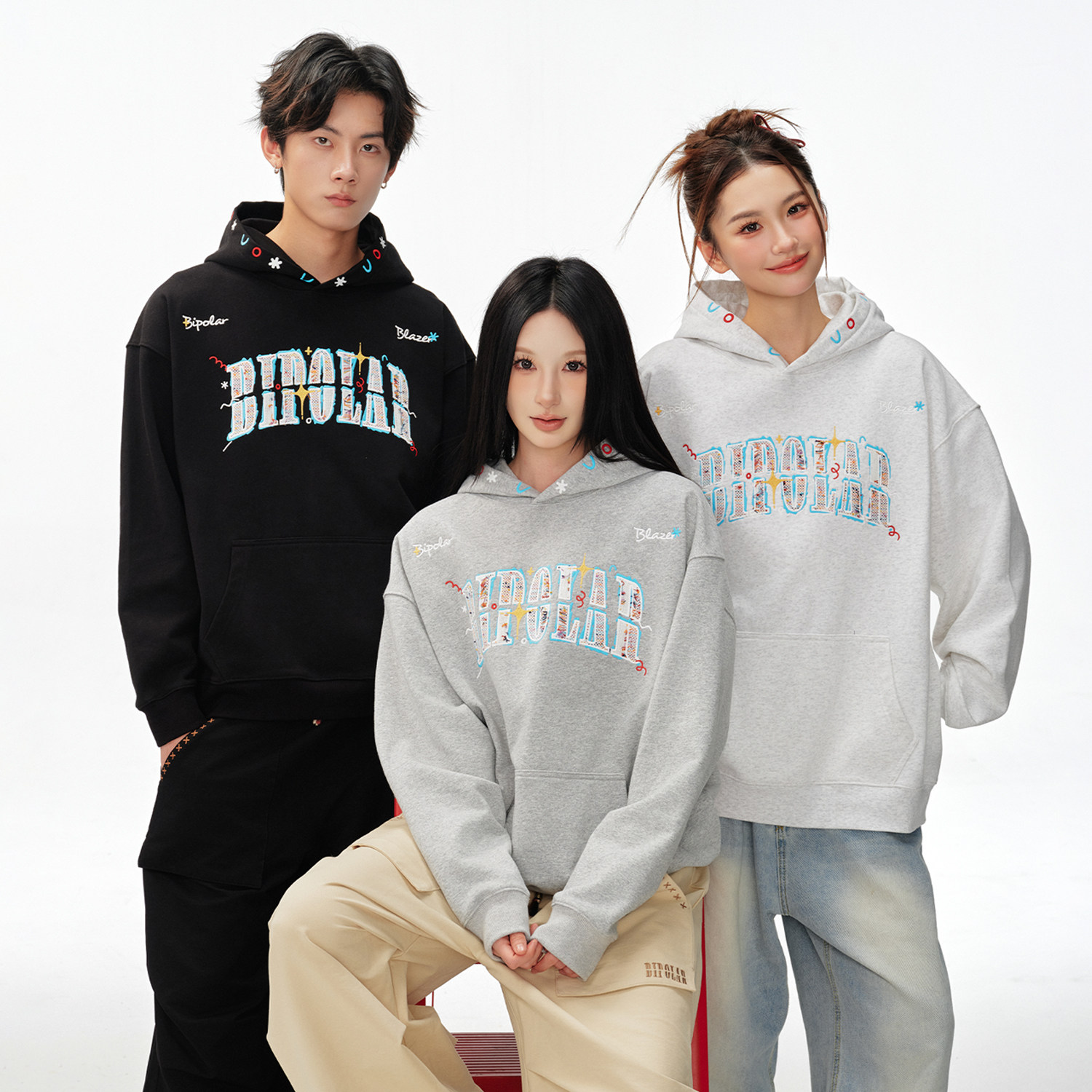BIPOLAR彩点涂鸦流苏贴布连帽卫衣美式街头休闲宽松上衣潮牌帽衫