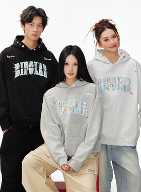 BIPOLAR彩点涂鸦流苏贴布连帽卫衣美式街头休闲宽松上衣潮牌帽衫