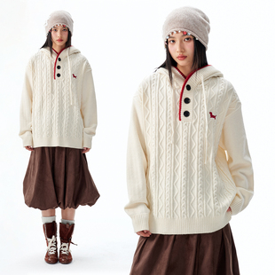 BIPOLAR小狗绣标拼色绞花连帽针织衫 休闲宽松上衣百搭毛衣情侣款