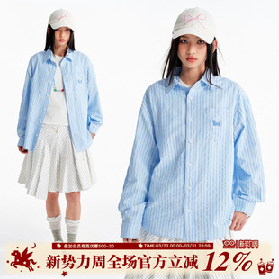 上衣 浅色夏日多巴胺韩风宽松开衫 BIPOLAR牙刷绣小狗条纹长袖 衬衫